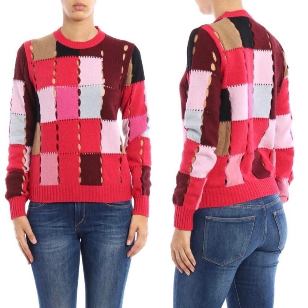 MSGM Patchwork Perforated Wool Blend Crewneck Sweater
